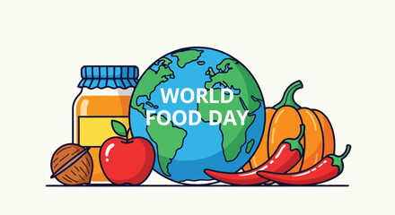 World food day illustration with globe, apple, pumpkin, peppers, and jar