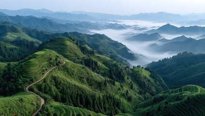 Fototapeta premium Terraced hillsides, misty mountain range