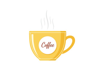 Yellow coffee cup with steam and the word coffee