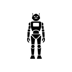 A stylized, full-body silhouette of a humanoid robot standing upright against a stark white background, showcasing its mechanical form and futuristic design.
