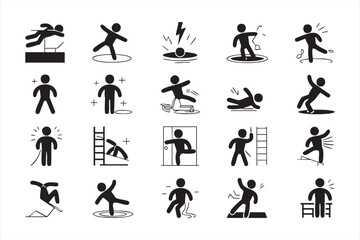 Vector occupational hazard icons set with workplace accidents and warning signs