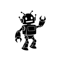 A stylized black silhouette of a friendly, anthropomorphic robot with antennae, a screen on its chest, and articulated limbs, appearing to wave or greet.