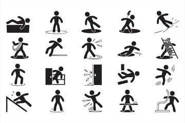 Workplace injury prevention icons collection with safety hazard pictograms