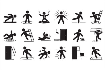Industrial hazard vector set with slips falls and electric shock accidents