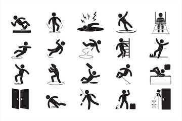 Workplace safety hazard icons set with slips trips falls and accident symbols