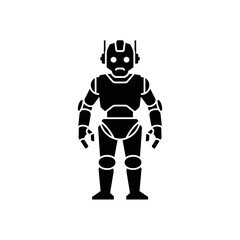 A black silhouette of a standing humanoid robot with a distinct head and body design, isolated on a white background.