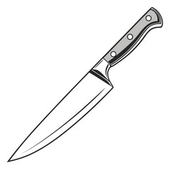 A sharp professional chef s knife with a silver handle and rivets on a white background
