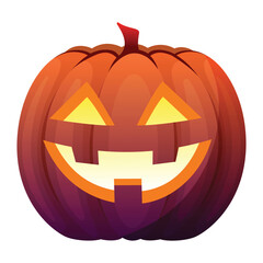 Halloween pumpkin illustration with happy carved glowing face, festive jack o lantern vector for october holiday, autumn celebration and spooky party decoration design