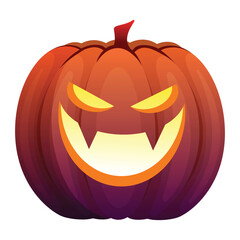 Halloween angry pumpkin illustration, scary jack o lantern with glowing eyes and mouth, creepy horror face for october festival, autumn holiday decoration vector design