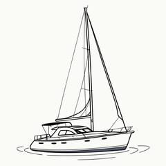 A simple line drawing of a modern sailboat with white sails and a white hull floating on calm water