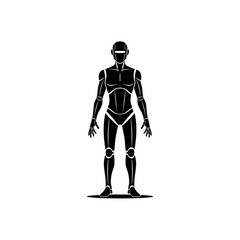 A stylized black silhouette of a humanoid robot standing upright against a white background.