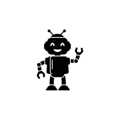 Fototapeta premium A simple black icon of a friendly, smiling robot with antennae waving its hand.
