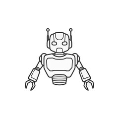 A stylized line drawing depicts the upper torso and head of a humanoid robot with antennae and articulated arms, presented against a plain white background.