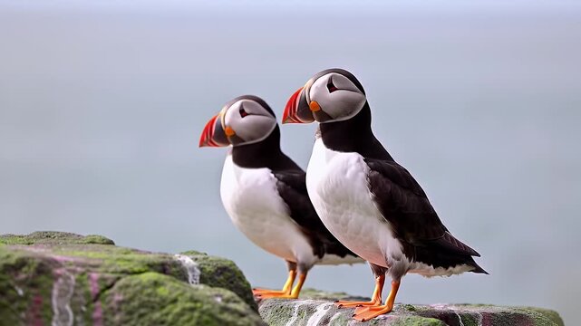 Two Puffins on a Rocky Outcrop near the Ocean