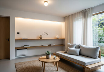 Fototapeta premium Bright living room design with neutral sofa, wooden coffee table, open shelves with decor, natural light from large window, and simple layout