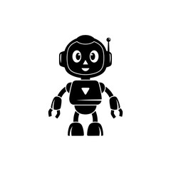 Black and white cartoon illustration of a friendly robot with antenna, smiling face, and simple geometric shapes.