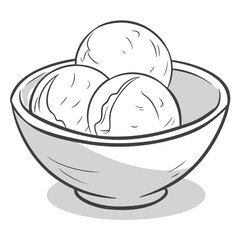 Simple black and white line drawing illustration of three scoops of ice cream in a bowl
