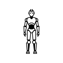 A stylized line drawing of a humanoid robot, standing upright, showcasing mechanical joints and a minimalist design.