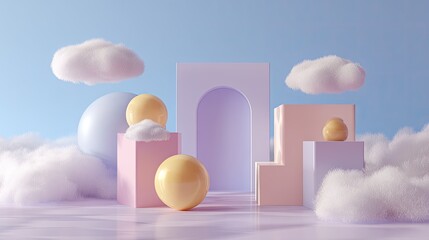 Pastel geometric forms on fluffy clouds
