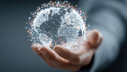A hand holds a digital representation of the Earth, its continents outlined by glowing lines and points of light, suggesting a global network