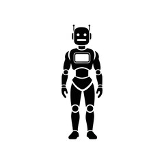 A black silhouette icon of a humanoid robot with antennas and a chest screen, standing in a frontal pose.