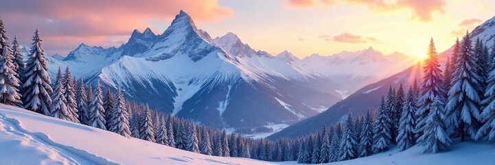Majestic snow-capped peaks rise majestically above a pristine valley, bathed in the soft light of a winter sunrise  Perfect for travel, nature, and winter wonderland themes  ,  sunrise,  horizon