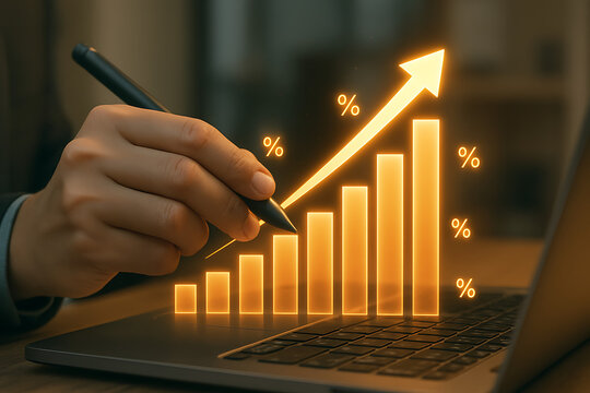 Bar chart with a rising arrow and percentage signs on a laptop screen, a professional is pointing at the chart, symbolizing business growth, financial success - Powered by Adobe