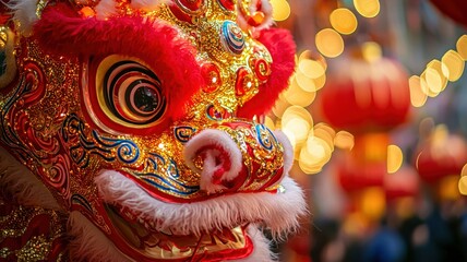 Festive red and gold lion head with bokeh lights