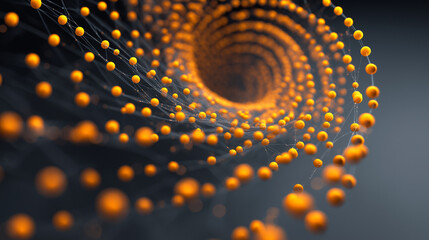 dynamic swirl of orange 3d spheres creating vortex network pattern over dark grey gradient background, energetic and innovative design for digital or data-based concepts 