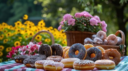 Assorted donuts and floral decor in outdoor picnic scene