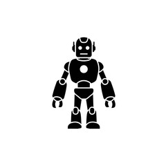 A stylized black silhouette of a standing robot with a circular chest and articulated limbs.