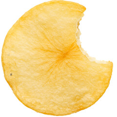 Naklejka premium A close-up of a bitten potato chip showcasing its crispy texture and golden color against a plain background (1)