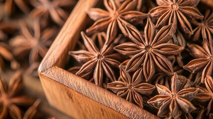 Whole star anise displayed in wooden tray