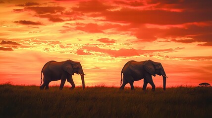 Silhouetted elephants against dramatic sunset clouds