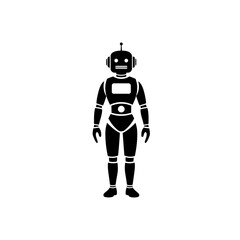 A simple black silhouette of a retro-style robot standing upright.