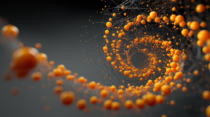 dynamic swirl of orange 3d spheres creating vortex network pattern over dark grey gradient background, energetic and innovative design for digital or data-based concepts 