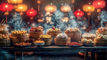 Hot dim sum with steam rising under red lanterns
