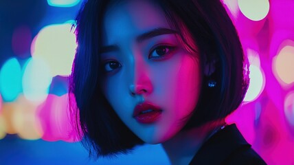 Close up of East Asian woman with glossy lips in neon colors