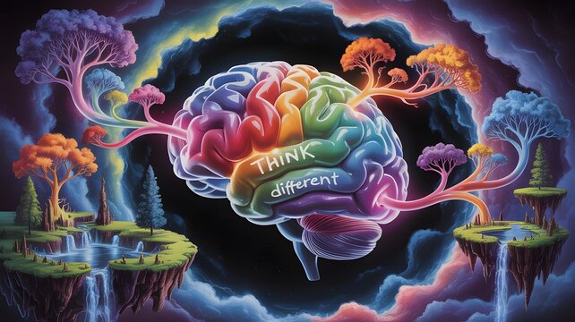 A vibrant, rainbow-colored brain with 'Think different' inscribed, surrounded by surreal floating islands and colorful trees under a dreamy sky.