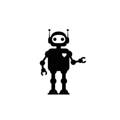 A stylized black robot with a heart symbol on its chest, standing upright.