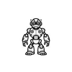 Friendly retro robot illustration, black and white line art, cartoon style.