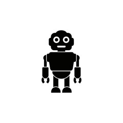 A simple black icon of a classic humanoid robot standing and facing forward on a white background.