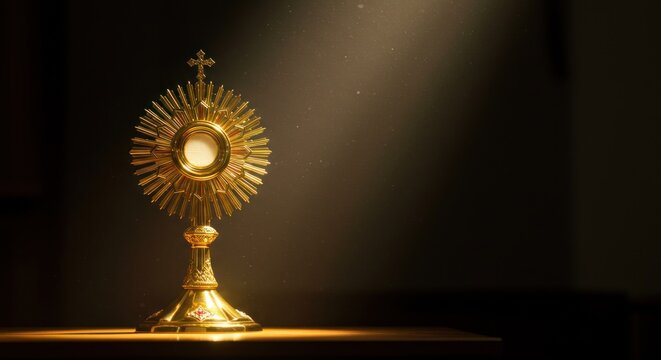 Golden Monstrance Radiating Light in Dark, Religious Symbolism, Catholic Faith