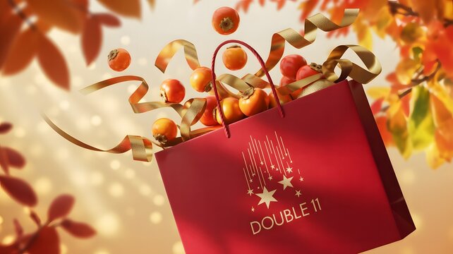 Vibrant Double 11 shopping bag filled with golden ribbons and orange persimmons, set against an autumnal backdrop