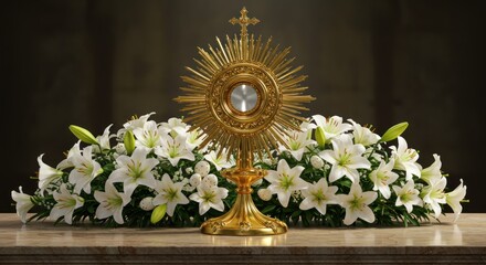 Fototapeta premium Golden Monstrance Adorned with White Lilies and Easter Eggs, a Sacred Display