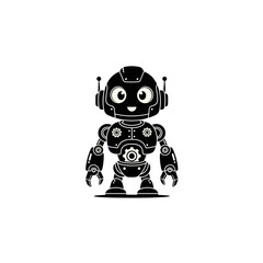 A stylized, black and white illustration of a cute cartoon robot with a smiling face and gear details.