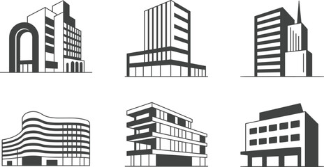 Fototapeta premium Modern building icons, commercial architecture silhouettes, office buildings, urban cityscape symbols, corporate structures, construction designs, real estate graphics