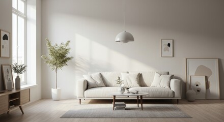 Bright living room interior with a white sofa, coffee table, artwork, and a potted plant near a large window.