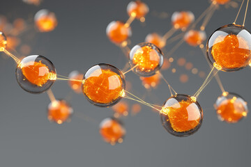 orange glossy spheres connected by thin glowing lines, forming abstract 3d molecular network on soft grey background, clean futuristic digital structure for tech or science visuals