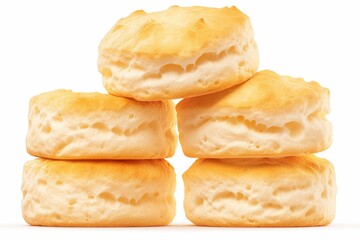 Fluffy homemade biscuits stacked on white background